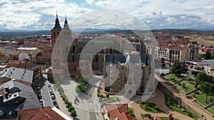 Aerial view of colorful Astorga cityscape with ancient Cathedral and Episcopal Palace, Spain