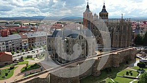 Aerial view of colorful Astorga cityscape with ancient Cathedral and Episcopal Palace, Spain