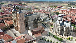 Aerial view of colorful Astorga cityscape with ancient Cathedral and Episcopal Palace, Spain