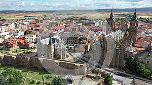 Aerial view of colorful Astorga cityscape with ancient Cathedral and Episcopal Palace, Spain