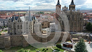 Aerial view of colorful Astorga cityscape with ancient Cathedral and Episcopal Palace, Spain