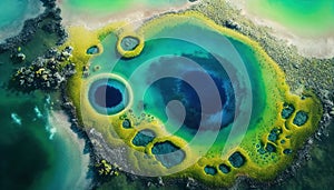 Aerial view of colorful coastal landscape with primitive lifeforms. Generative AI photo