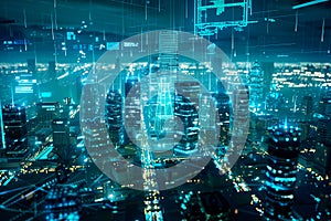 Aerial view of colorful digital city and glowing lighting digital interface. photo