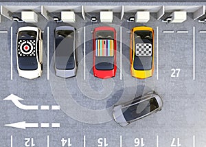 Aerial view of colorful EV charging at parking lot