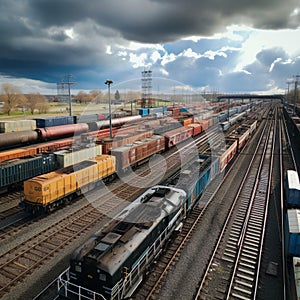 Aerial view Colorful freight trains on station, bustling industrial landscape