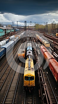 Aerial view Colorful freight trains on station, bustling industrial landscape