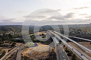 Aerial view of colorful hot air balloons preparation for launch over San Diego