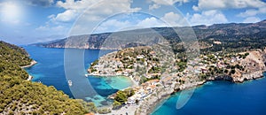 Aerial view of the colorful and idyllic fishing village of Assos on Kefalonia