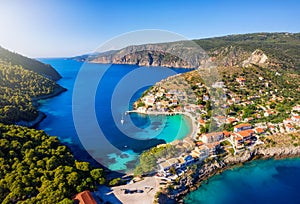 Aerial view of the colorful and idyllic fishing village of Assos on Kefalonia island, Greece,