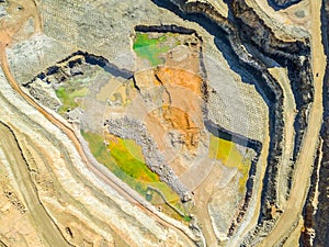 Aerial view of colorful, open pit mine