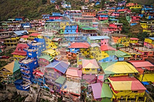 Aerial View of the Colourful Stobosa Hillside Homes Artwork in La Trinidad, Benguet, Philippines photo