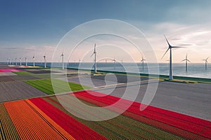 Aerial view of the colorful tulip fields and farmhouses with rows of grand Wind Turbines in Noordoostpolder part of Netherlands