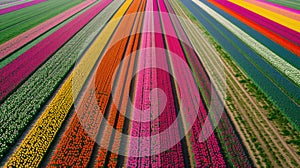 Aerial view of colorful tulip fields. Springtime and floral agriculture concept