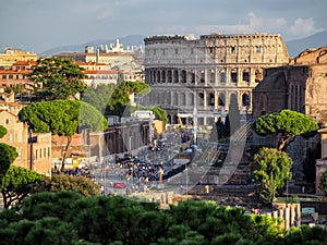 Aerial view of the Colosseum in summer, Rome, Italy