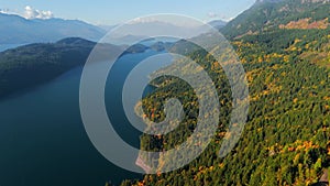 Aerial view of colourful forest on mountain slopes and Harrison Lake. Canada