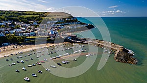Aerial view of the colourful, picturesque seaside town of New Quay in West Wales