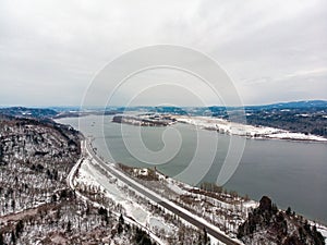 Aerial view at Columbia river from Vista Point on Columbia River Gorge on a winter day