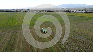 Aerial view of combine harvester.