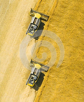 Aerial view of combine harvester.