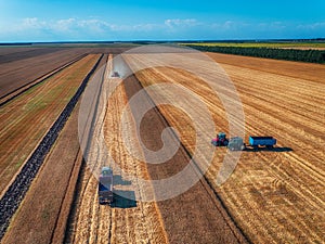 Aerial view of Combine harvester agriculture machine harvesting