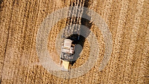 Aerial view of combine harvester on corn field