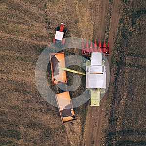 Aerial view of combine pouring harvested corn grains into traile