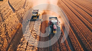 Aerial view of a combine harvester and a truck working together during the golden harvest season