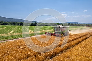 Aerial view of a combine harvester at work during harvest time. Cereal, grain shortage, high trading prices, stockpiling.