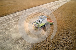 Aerial view of combine harvester working during harvesting season on large ripe wheat field. Agriculture concept