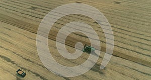 Aerial view on the combines and tractors working on the large wheat field, Harvester on the wheat field, Green harvester