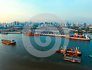 Aerial view of commercial ship and container dock in chaopraya