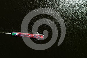 aerial view commercial ship crossing the River Rhine in an area