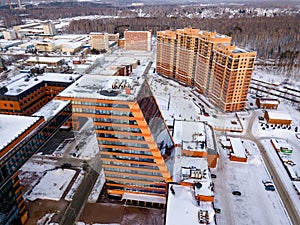 Aerial view of the community center and staff apartment building of academpark technopark of the Novosibirsk Academic Township -