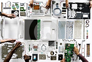 An aerial view of computer parts on white background