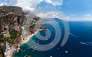 Aerial view of Conca dei Marini Spiaggia della Vite. Copy space. Beautiful beach and famous resort near Amalfi, Salerno, Italy,