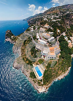 Aerial view of Conca dei Marini,Tovere. Beautiful bay and famous resort near Amalfi, Torre Capo di Conca. Travel and vacation.