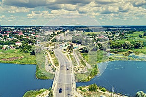 Aerial view of the concrete bridge over the river
