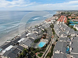 Aerial view of condo community next to the beach and sea in south california