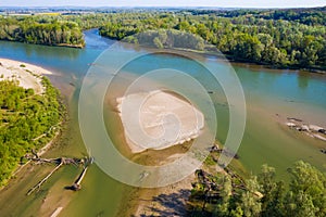 Aerial view of the confluence of Mura and Drava rivers