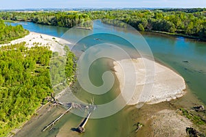 Aerial view of the confluence of Mura and Drava rivers