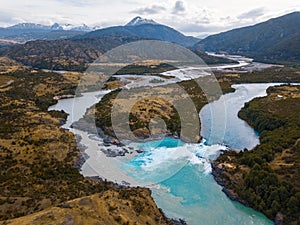 Aerial view of the confluence of two rivers photo