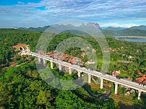 Aerial View of the Construction of the Balance Cantilever Long Span Bridge for the Fast Train Project of Jatiluhur Purwakarta