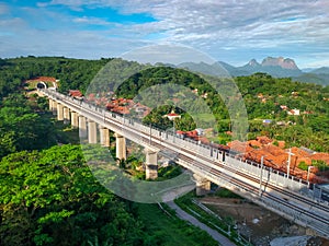 Aerial View of the Construction of the Balance Cantilever Long Span Bridge for the Fast Train Project of Jatiluhur Purwakarta