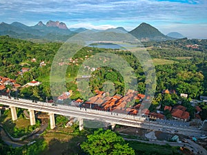 Aerial View of the Construction of the Balance Cantilever Long Span Bridge for the Fast Train Project of Jatiluhur Purwakarta