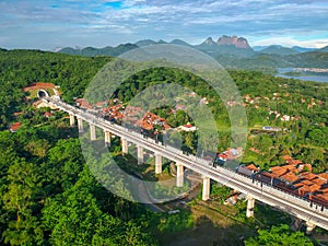 Aerial View of the Construction of the Balance Cantilever Long Span Bridge for the Fast Train Project of Jatiluhur Purwakarta