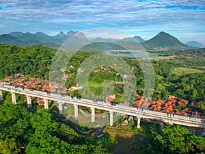 Aerial View of the Construction of the Balance Cantilever Long Span Bridge for the Fast Train Project of Jatiluhur Purwakarta photo