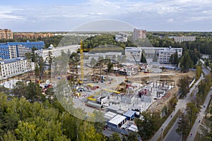 Aerial view of the construction of new buildings of Novosibirsk State University in the fall of 2022