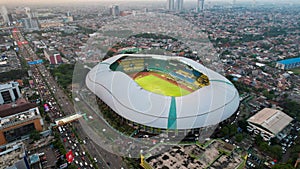 Aerial view of the Construction of new football stadium for upcomming Indonesia Team. Patriot Candrabhaga Stadium in the Bekasi.