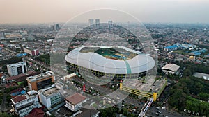 Aerial view of the Construction of new football stadium for upcomming Indonesia Team. Patriot Candrabhaga Stadium in the Bekasi.