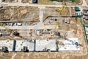 Aerial view of construction site. building a foundation of building